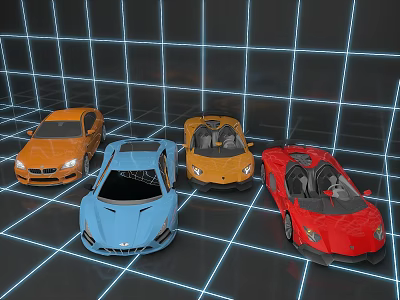 Vibrant Supercars in Orange Blue Yellow Red on Futuristic Grid Background 3d model