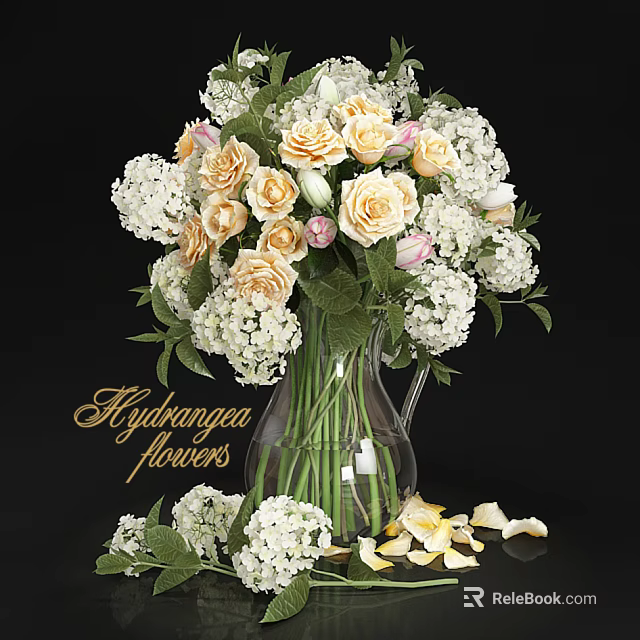 Transparent Glass Vase with Hydrangea White and Cream Flowers Green Leaves and Petals Scattered Around 3d model 