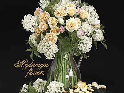 Transparent Glass Vase with Hydrangea White and Cream Flowers Green Leaves and Petals Scattered Around 3d model