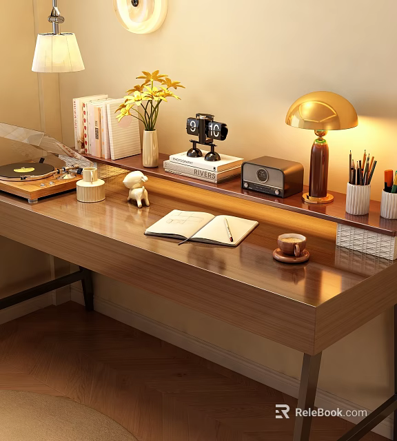 Cozy Tabletop Decorative Ornament Set Including Gold Lamp Vase Record Player Books And Camera Model 3d model 