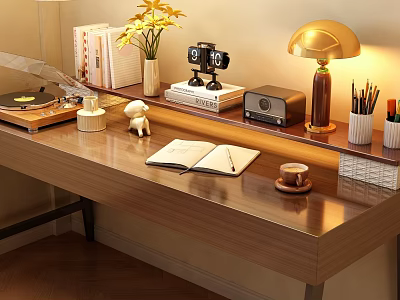 Cozy Tabletop Decorative Ornament Set Including Gold Lamp Vase Record Player Books And Camera Model 3d model
