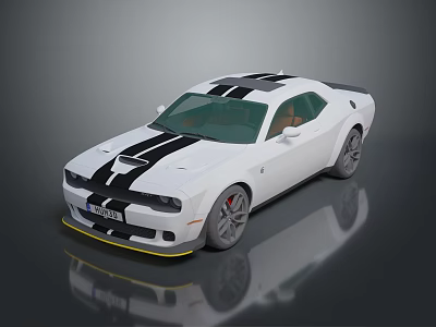 White Muscle Car With Black Stripes Red Brake Calipers And Yellow Front Lip 3d model