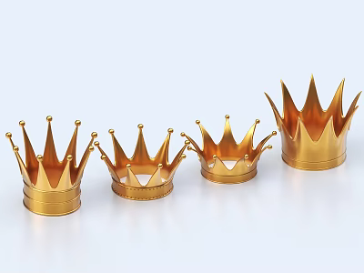 Four Different Sizes Golden Crowns Jewelry Arranged in a Row with Spiked Design 3d model