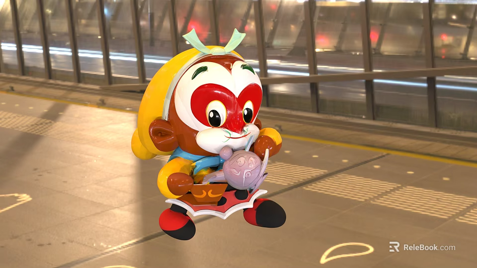 Cartoon Monkey Game Movie Character With Yellow Hat Green Accents Red Face Holding Purple Object 3d model 