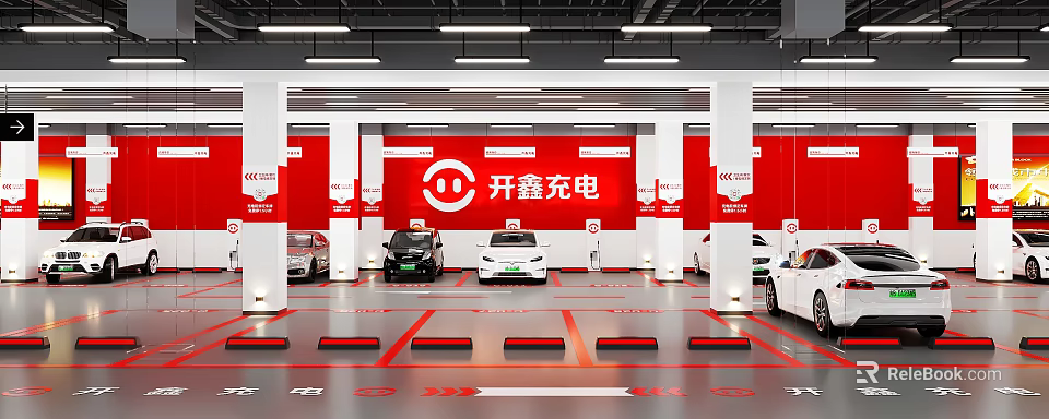 KaiXin Charging Interior Parking Lot Featuring Parked Cars Charging Piles And Red Signage 3d model 