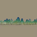 Dreamy Fantasy Landscape Featuring Jagged Mountain Peaks in Blue Green Tones and Winding Rivers
