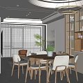 Modern Living and Dining Room Interior With Open Layout Sofa Coffee Table Dining Table And Chandelier