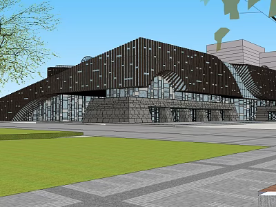 Modern Geometric Building Exterior With Metal Facade Glass Windows And Lawn Square Front Plaza 3d model