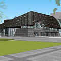 Modern Geometric Building Exterior With Metal Facade Glass Windows And Lawn Square Front Plaza