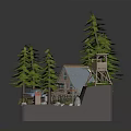 Cartoon Forest Diorama With Wooden Cabin Pine Trees Blue Truck Stream And Watchtower