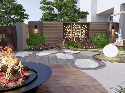 Courtyard Garden Design With Fire Pit Stone Path Lush Plants And Decorative Lights 3d model