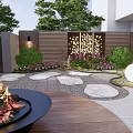 Courtyard Garden Design With Fire Pit Stone Path Lush Plants And Decorative Lights