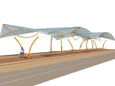 Modern Pergola Structure With Curved Yellow Pillars Transparent Membrane Roof And Wooden Flooring 3d model