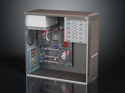 Desktop Computer Case Internal View With Motherboard Cooling Fan And Hardware Components 3d model