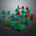 Colorful Cartoon Style Trees With Green Red Blue Canopies And Orange Trunks In Forest Scene