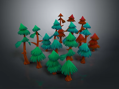 Colorful Cartoon Style Trees With Green Red Blue Canopies And Orange Trunks In Forest Scene 3d model