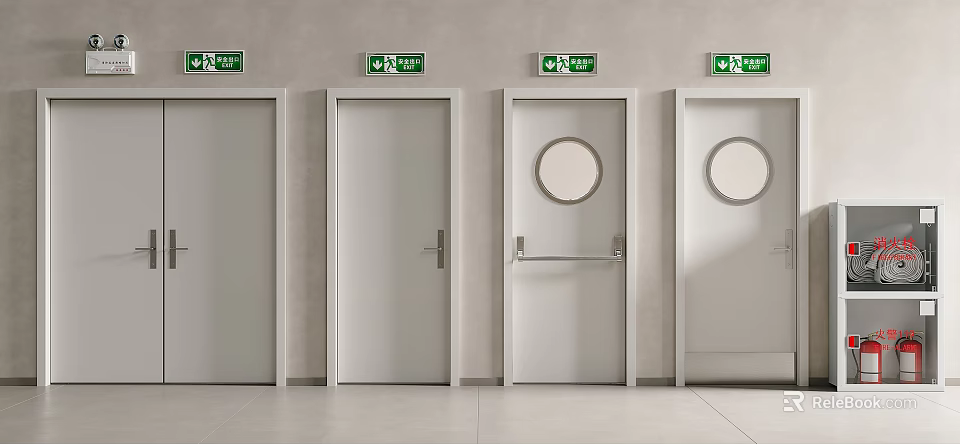 Four Doors With Green Exit Signs On Wall Different Designs Round Windows Handles Handrails 3d model 