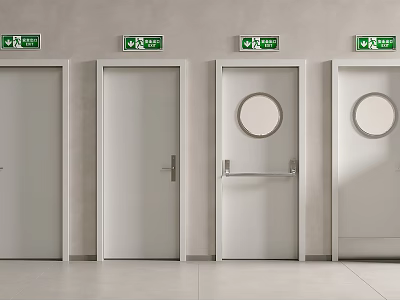 Four Doors With Green Exit Signs On Wall Different Designs Round Windows Handles Handrails 3d model