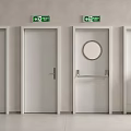 Four Doors With Green Exit Signs On Wall Different Designs Round Windows Handles Handrails