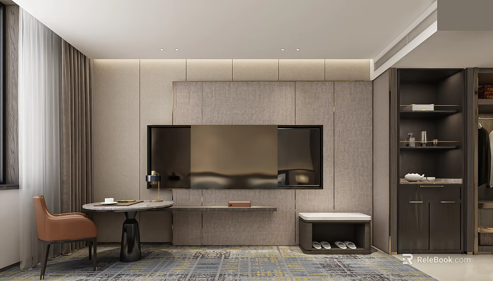 Modern Hotel Room Interior With Flat Screen TV Decorative Carpet And Wooden Cabinets 3d model 