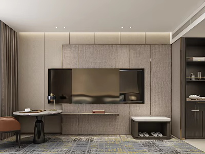 Modern Hotel Room Interior With Flat Screen TV Decorative Carpet And Wooden Cabinets 3d model