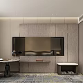 Modern Hotel Room Interior With Flat Screen TV Decorative Carpet And Wooden Cabinets