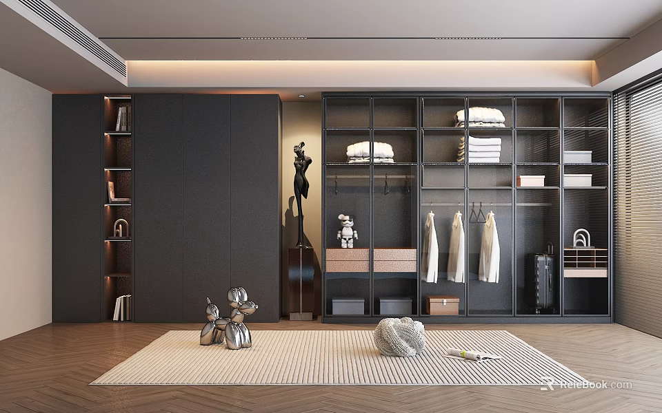 Modern Open Wardrobe Interior With Glass Doors Shelves Hanging Rods And Storage 3d model 