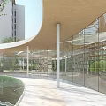 Modern Pergola Structure with Circular Water Feature and Green Trees in Urban Garden
