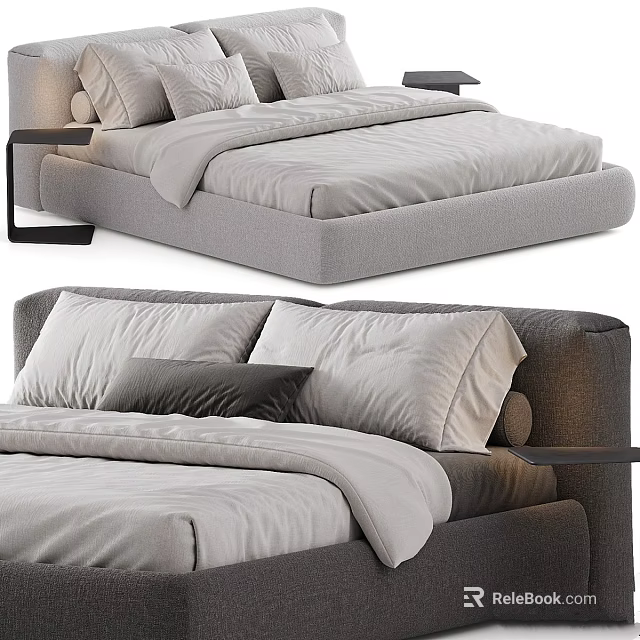 Modern Gray Bed Design With Upholstered Headboard Pillows Bedspread And Bedside Table 3d model 