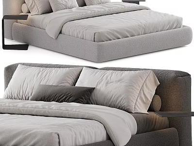 Modern Gray Bed Design With Upholstered Headboard Pillows Bedspread And Bedside Table 3d model