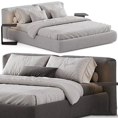 Modern Gray Bed Design With Upholstered Headboard Pillows Bedspread And Bedside Table 3d model