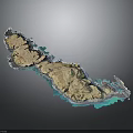 Detailed 3D Island Terrain Model With Blue Water Surroundings And Gray Background