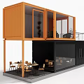 Industrial Equipment Container Converted Two Story Building With Large Windows And Outdoor Seating
