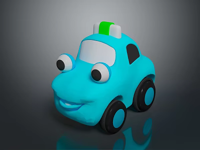 Blue Cartoon Toy Car With Big Eyes Smiling Mouth And Green White Top Lights 3d model