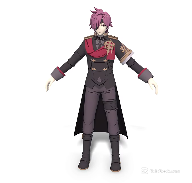 Game and Movie Character With Purple Hair Black Red Long Coat Golden Decorations and Boots 3d model 