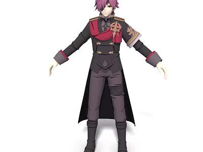 Game and Movie Character With Purple Hair Black Red Long Coat Golden Decorations and Boots 3d model