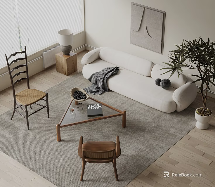 White Sofa And Triangular Wooden Coffee Table Set In Living Room With Gray Blanket Pillows 3d model 