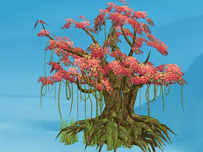 Vibrant Tree With Red Flowers Thick Trunk Exposed Roots Against Blue Sky 3d model