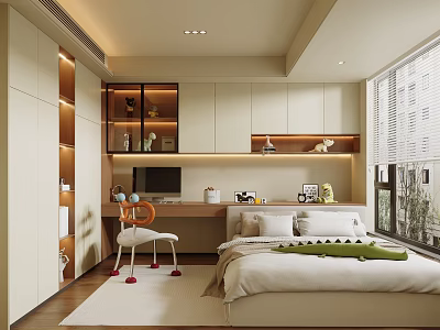 Modern Tatami Bedroom Interior With Built in Desk Chair Storage Cabinets And Natural Light 3d model