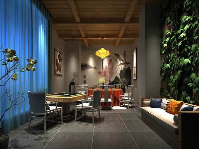 Chinese Style Private Room Interior With Lantern Light Green Plants Blue Curtains And Dining Table 3d model