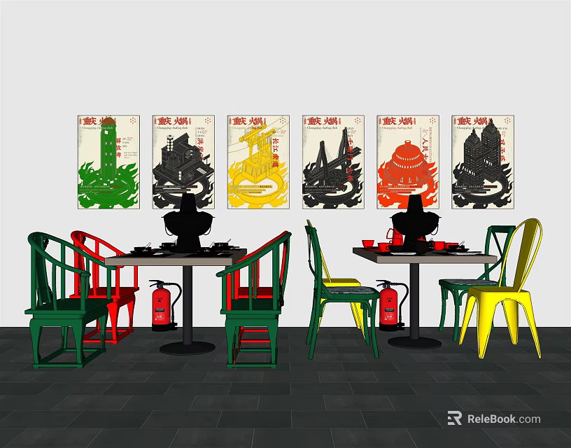 Stylish Dining Table Set With Colorful Chairs And Decorative Wall Art 3d model