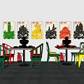 Stylish Dining Table Set With Colorful Chairs And Decorative Wall Art 3d model