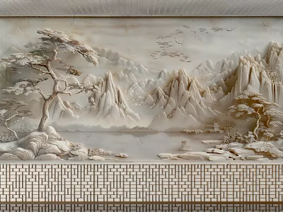 Chinese Traditional Relief Wall Mural With Pine Tree Mountain Peaks Waterfall Lake And Lattice 3d model