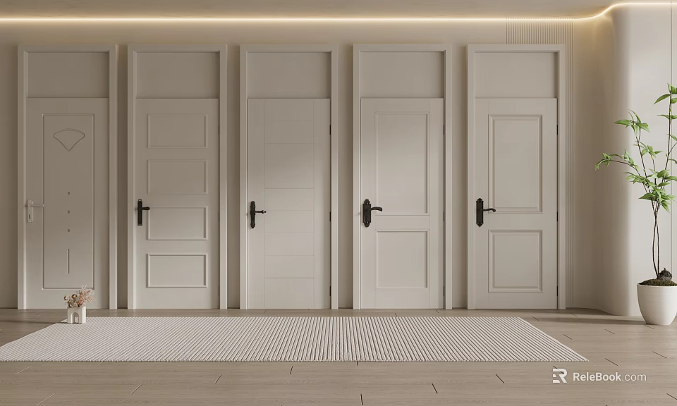 White Interior Hinged Doors in Modern Style with Black Handles and Row Arrangement 3d model 