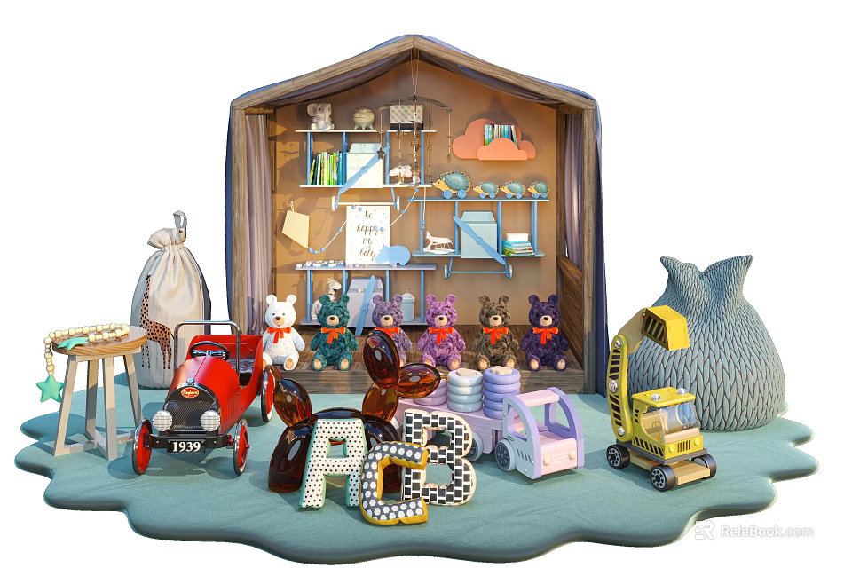 Colorful Plush Dolls In Play Tent With Toy Car Alphabet Blocks And Play Accessories 3d model 