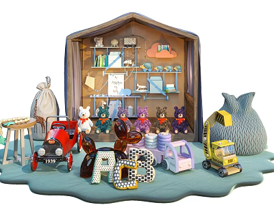 Colorful Plush Dolls In Play Tent With Toy Car Alphabet Blocks And Play Accessories 3d model