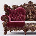 Ornate Red Velvet Sofa Set In Classical Style With Carved Wooden Frame And Armchairs