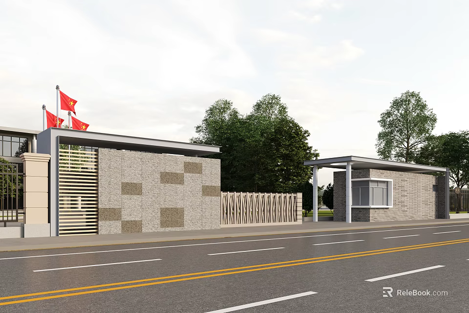 Gray Building Entrance Gate With Red Flags Trees And Road View 3d model 