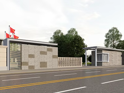 Gray Building Entrance Gate With Red Flags Trees And Road View 3d model