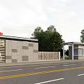 Gray Building Entrance Gate With Red Flags Trees And Road View